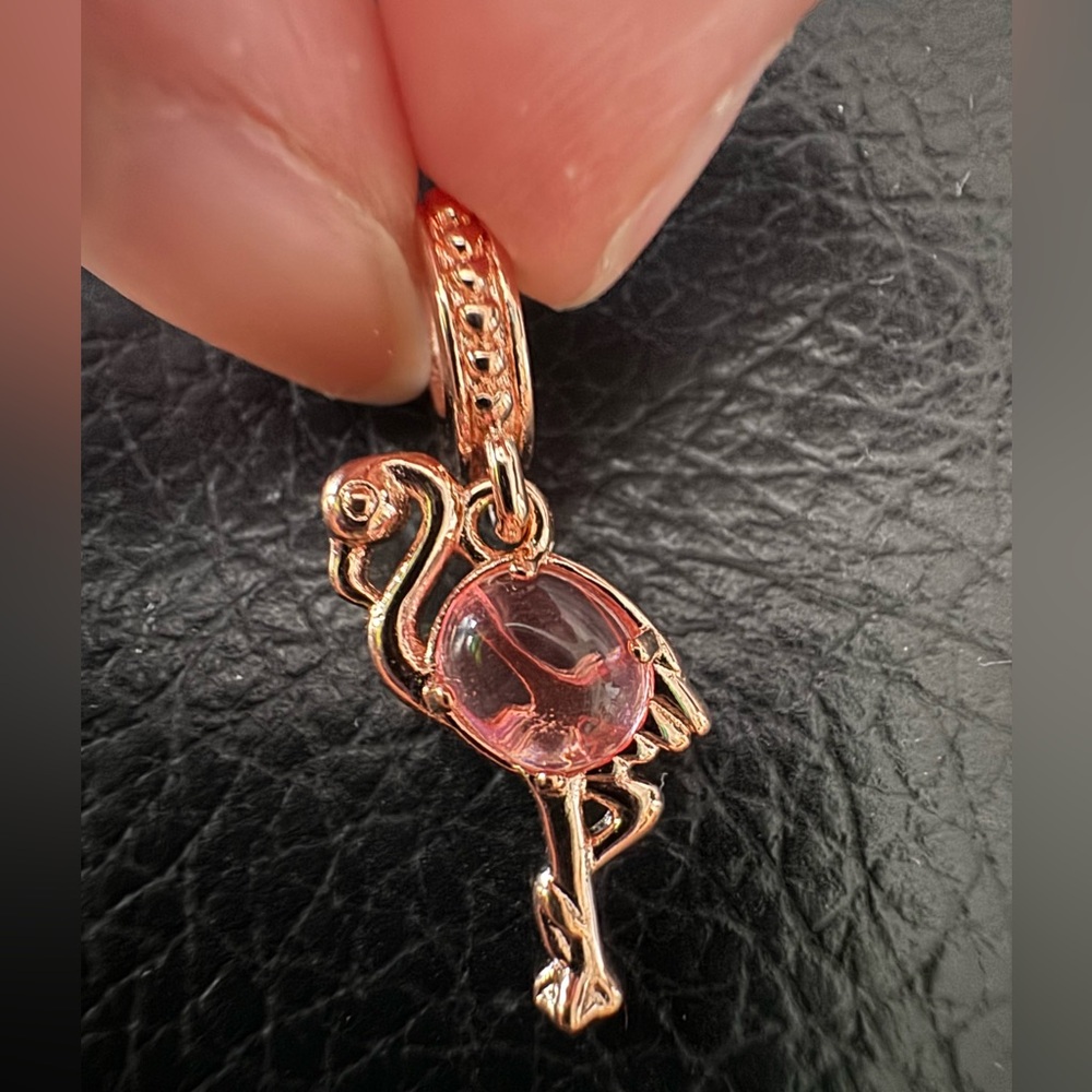 Elegant Rose Gold Flamingo Charm with Pink Gemstone – Perfect for Bracelets